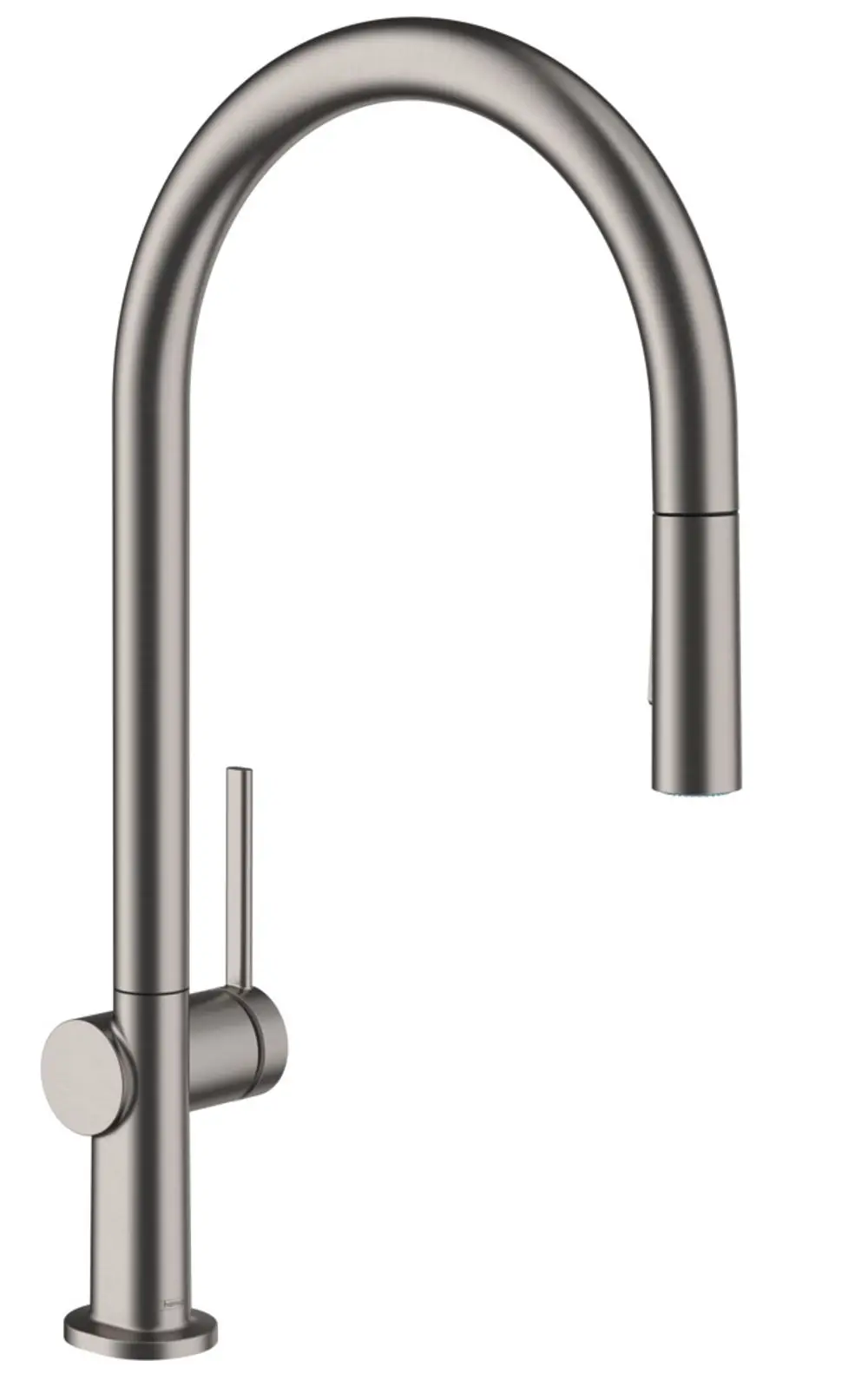 Ein moderner Küchenmischer von Hansgrohe mit hohem, gebogenem Auslauf und einer integrierten Ausziehbrause mit zwei Strahlarten, in Brushed Black Chrome.